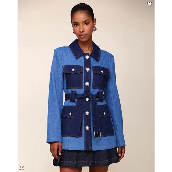 Avec Les Filles Jackets & Blazers - NEW Avec Les Filles Denim Military Jacket Small Blue Jean Cargo Belted Blazer